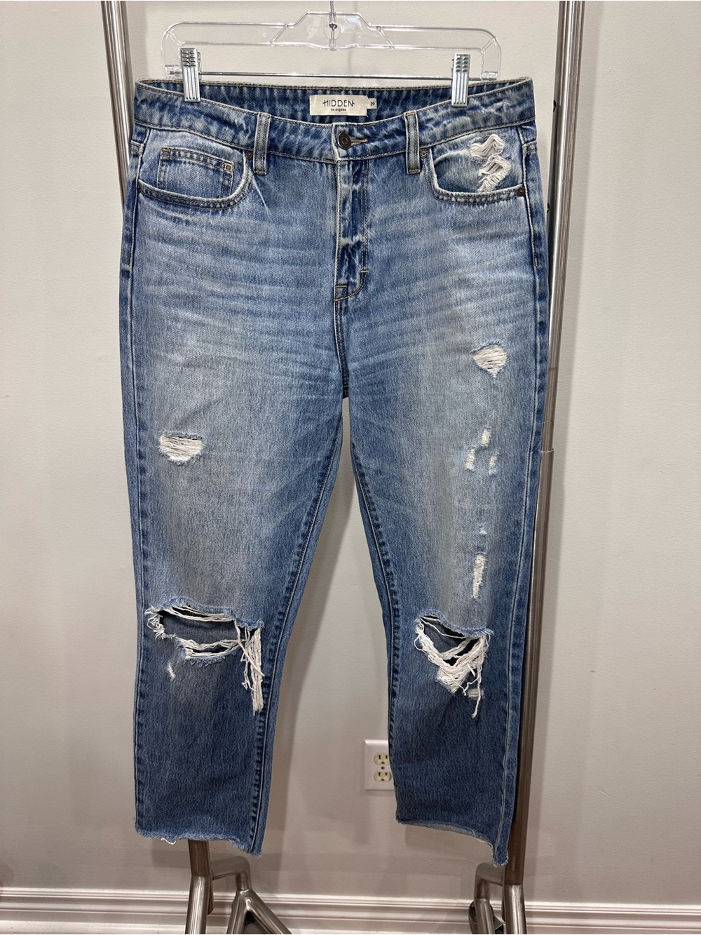 HIDDEN Cropped Distressed Blue Boyfriend Loose Fit Straight Leg Jeans Denim 29